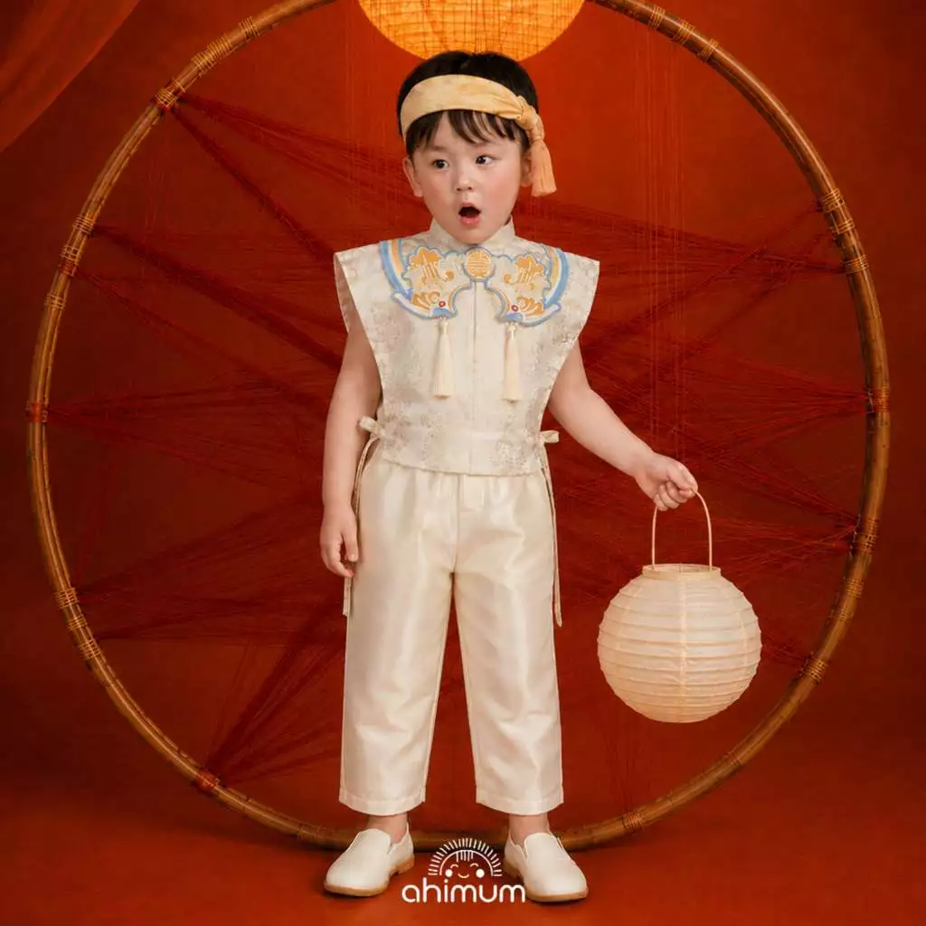 Set đồ trung thu bé trai AHIMUM bộ trung thu bé trai TÙNG LAM vài gấm taffeta mềm mại giữ form Size 1-11 tuổi