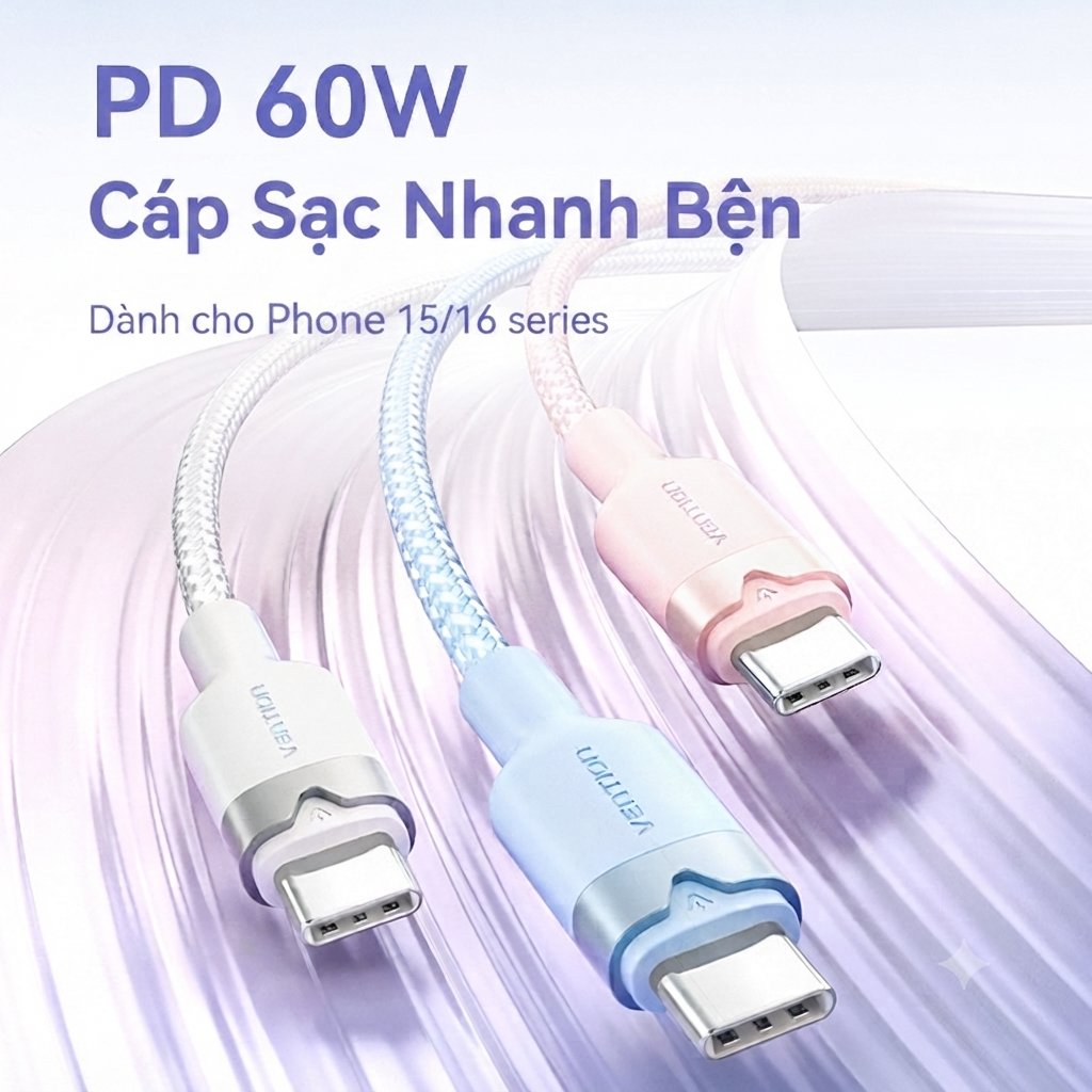 Cáp Sạc Nhanh Type-C 60W Vention, Dây C to C Bện Dù, Truyền Dữ Liệu 480Mbps…