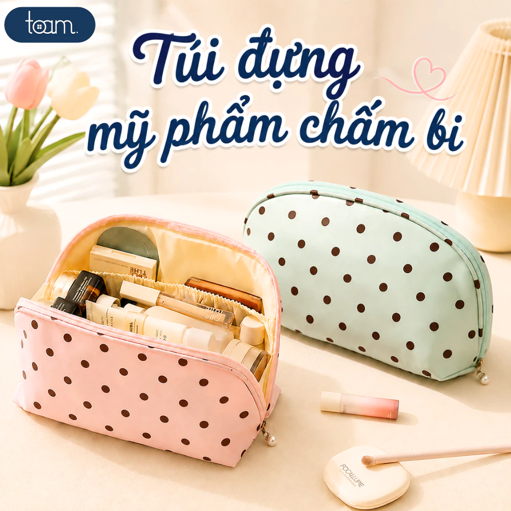 Túi Đựng Mỹ Phẩm Chấm Bi Da Pu Chống Nước Chia Ngăn Gọn Gàng, Túi Đựng Đồ Cá Nhân, Skincare Du Lịch