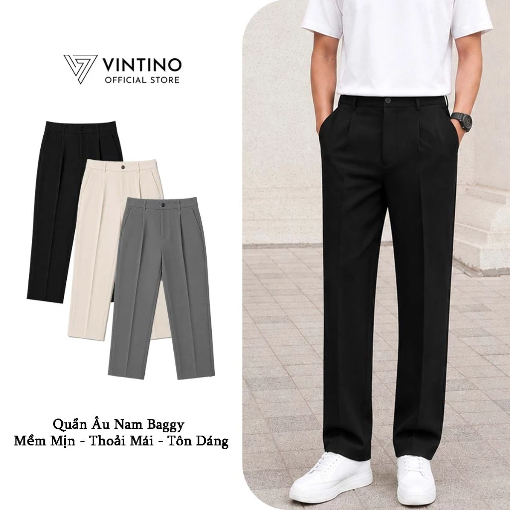 Quần Tây Nam Hàn Quốc VINTINO Form Baggy Ống Rộng Dáng Suông Vải Co Giãn Dày Dặn Màu Đen, Kem QABG