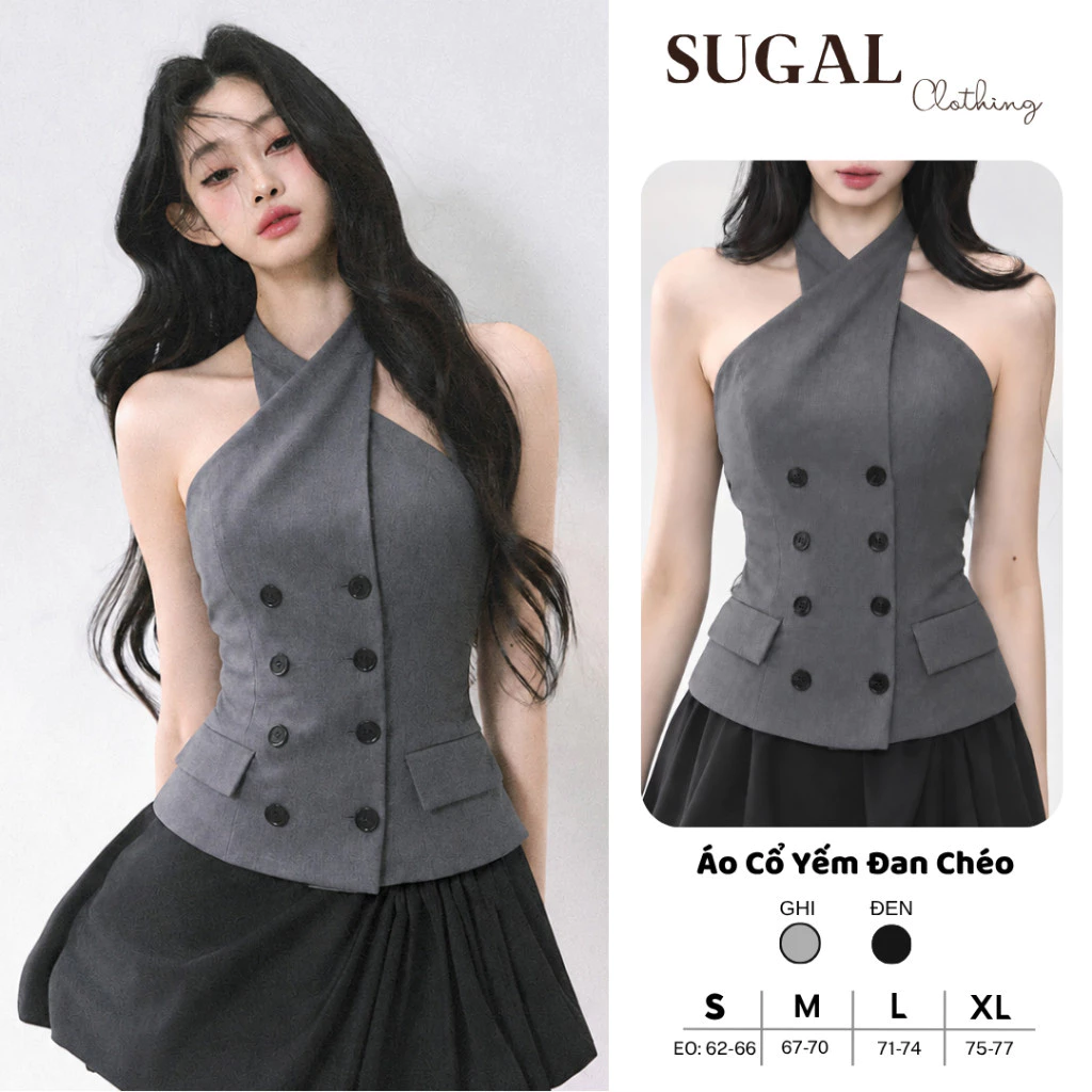 SUGAL - Áo Kiểu Nữ Cổ Yếm Đan Chéo Cao Cấp Thanh Lịch - Form Áo Fit Eo Tôn Dáng Kiểu Hàn Quốc | TOP NU 327V1