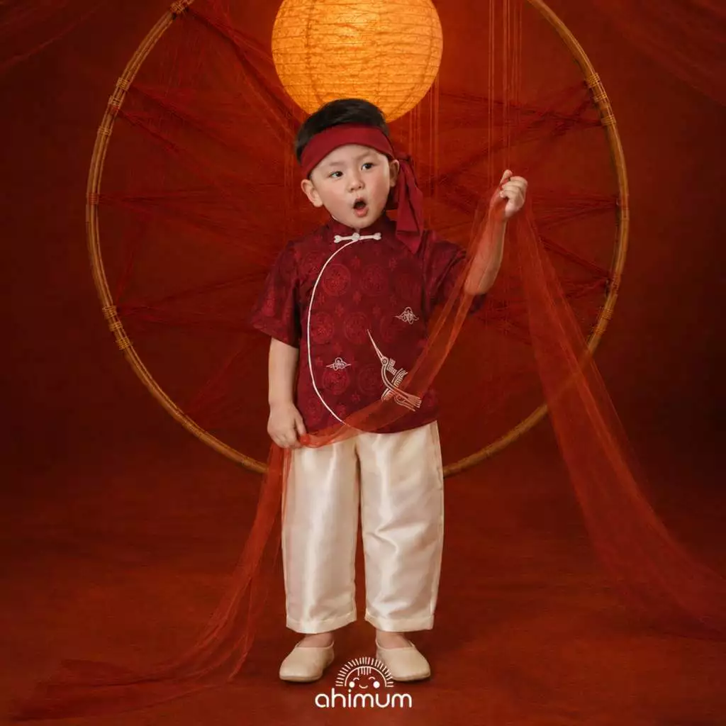 Set đồ trung thu bé trai AHIMUM bộ đồ quần áo trung thu Bách Lạc vải gấm lụa mềm giữ form Size 1 -11 tuổi