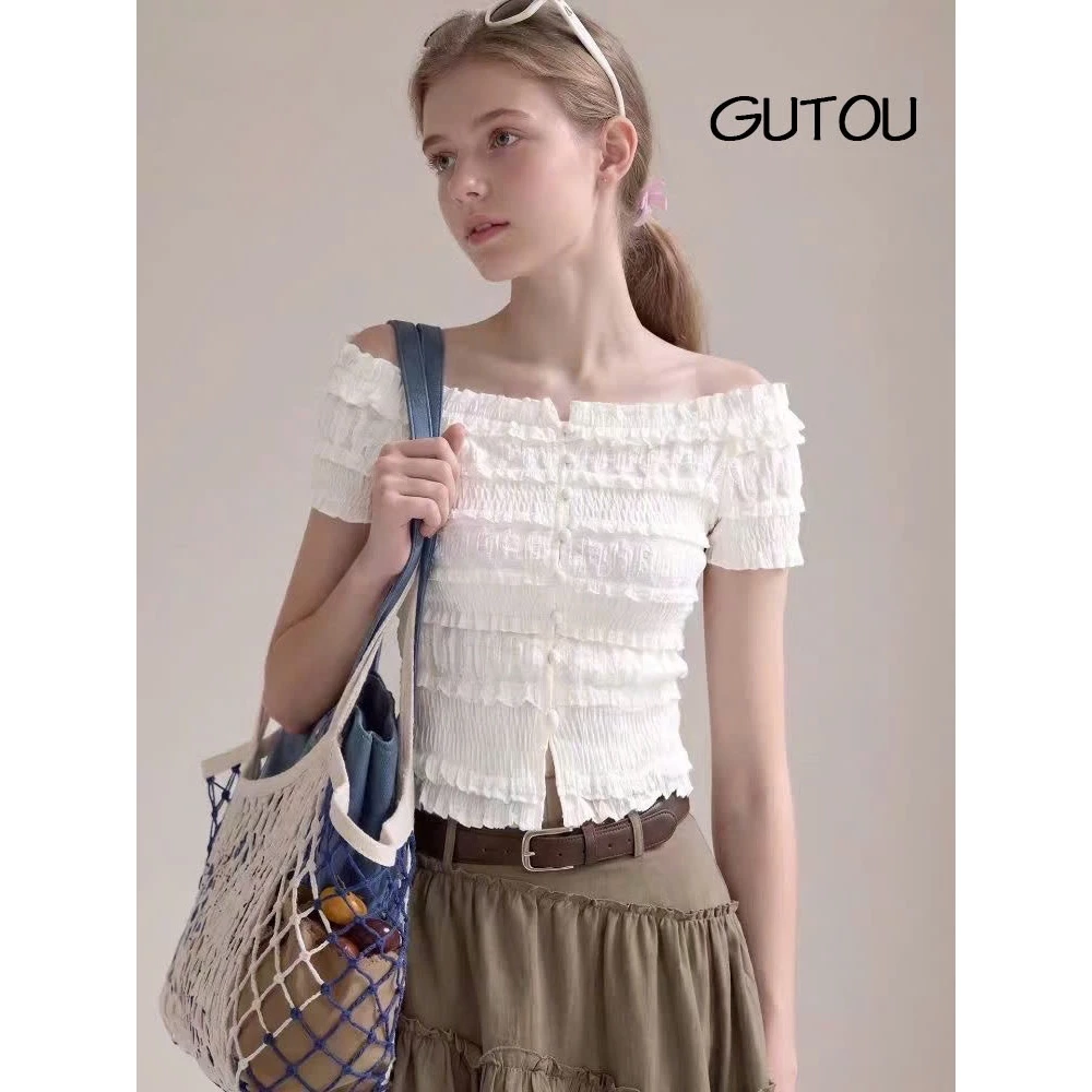 QCCC L1 Áo Kiểu Trễ Vai Nhún Tầng Tay Ngắn Ruffle Top G303