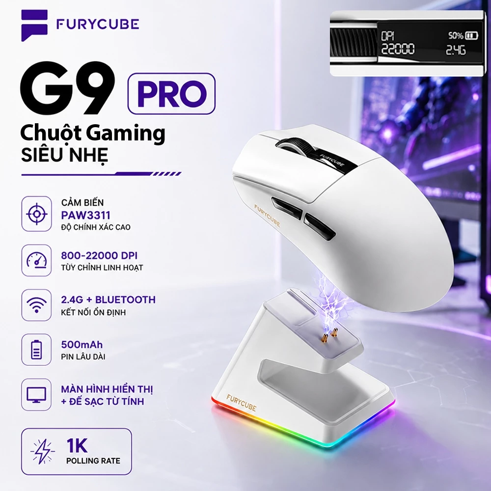 Chuột Gaming Không Dây Bluetooth 2.4G FURYCUBE G9 Dock Sạc, PAW3311 Polling Rate 1Khz, 22000 DPI