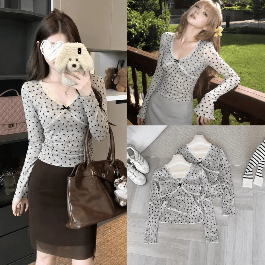 [Sẵn Ship] Áo cổ V viền ren dài tay hoạ tiết Trái Tim thiết kế tay loe ullzang Tiny Top