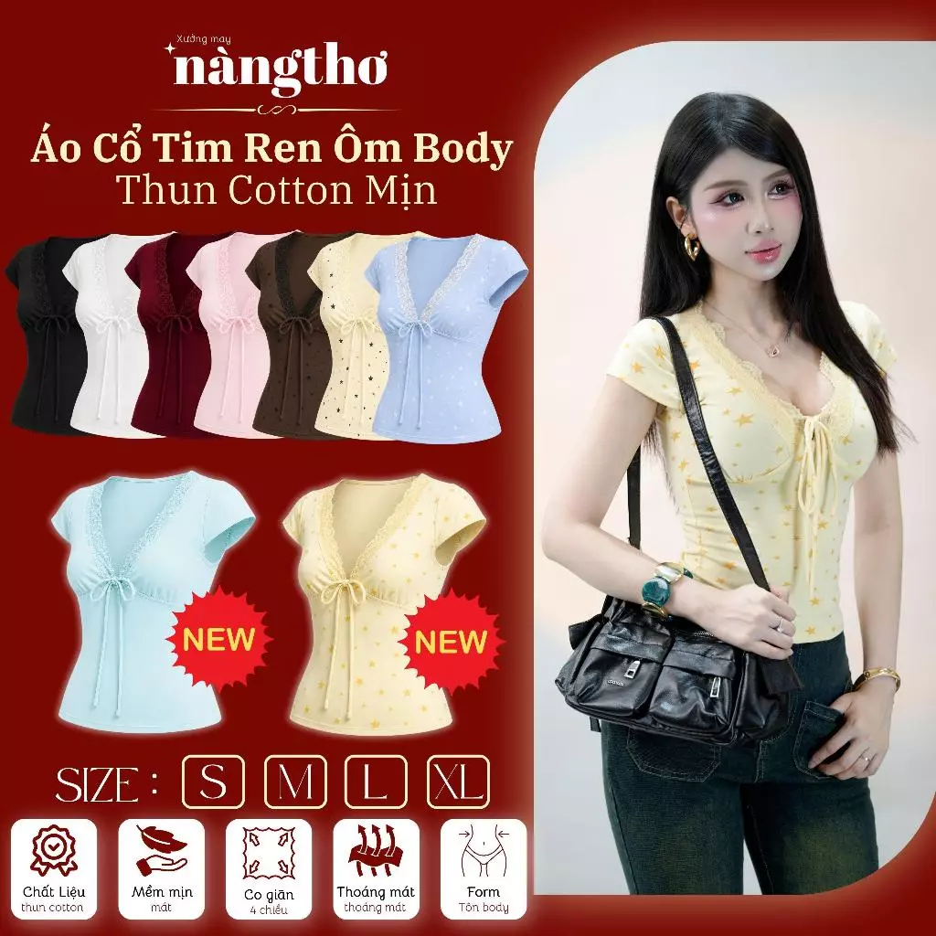 406 [MÀU ĐỘC QUYỀN] Áo Thun Nữ Cổ Tim Phối Ren Cột Dây Tay Ngắn Ôm Dáng Co Giãn Mềm Mịn