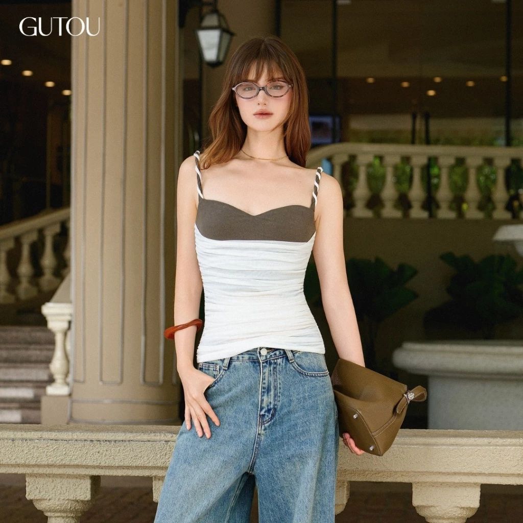[ GUTOU ] Áo Xoắn Dây Ôm Body Rút Nhún Sườn Phối Xanh Cúp Ngực G304