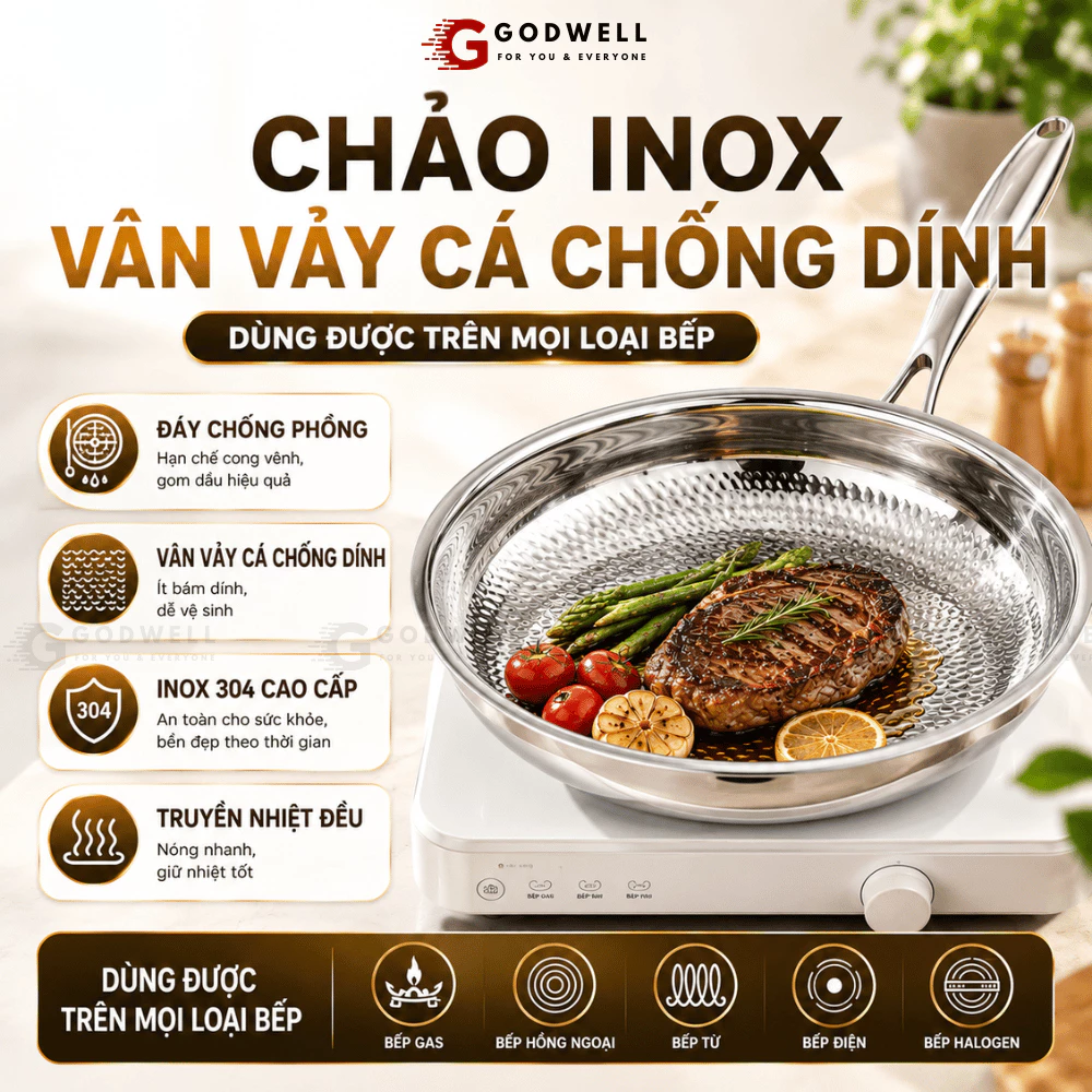 Chảo Inox 304 Vân Chống Dính Cao Cấp, Chảo Inox Cao Cấp Dùng Bếp Từ, Bếp Gas Đa Năng