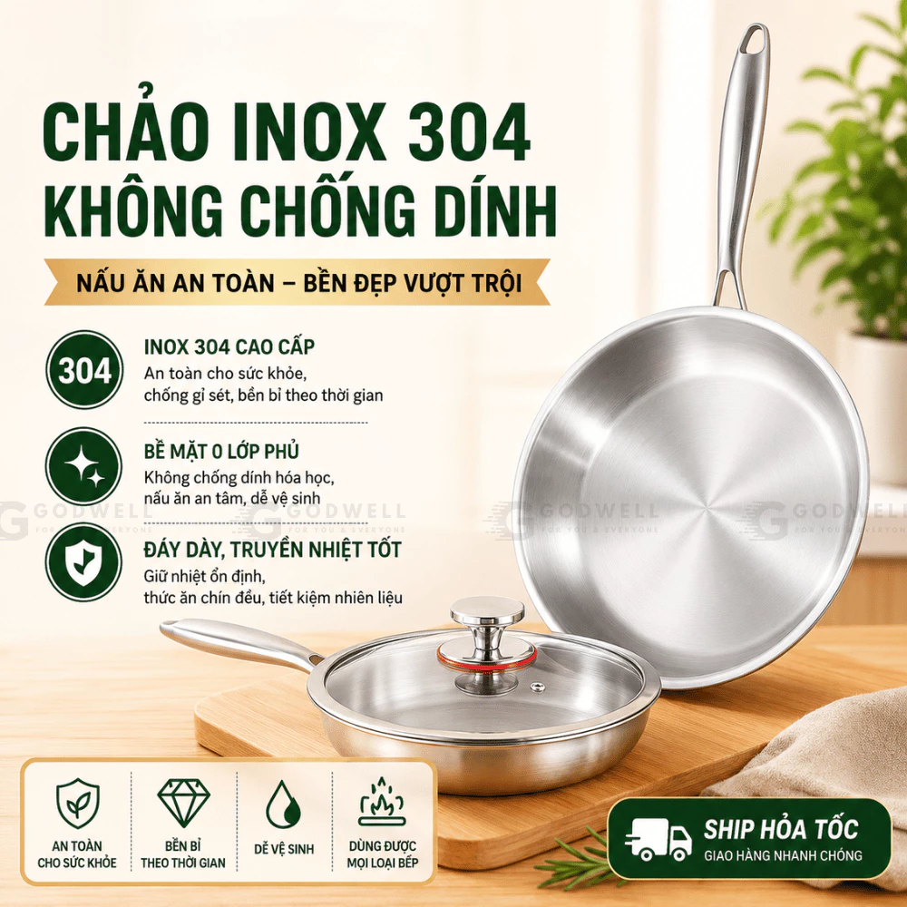 Chảo Inox 304 Cao Cấp 22-26cm Có Nắp/Không Nắp, Chảo Inox Dẫn Nhiệt Đều Dùng Mọi Loại Bếp Siêu Tiện Lợi