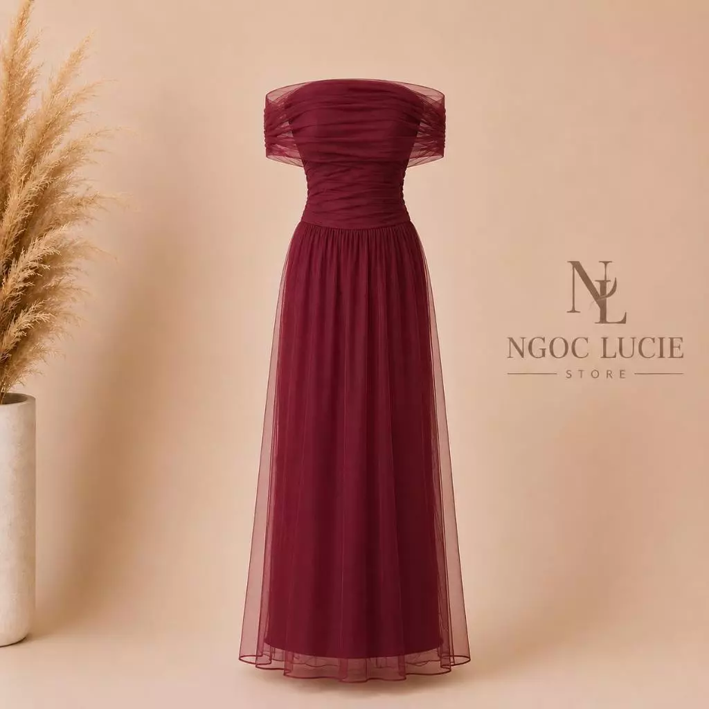 D1116 - Đầm Trễ Vai Lưới Nhún Eo Dáng Xòe Midi Công Chúa Sang Trọng Ngọc Lucie