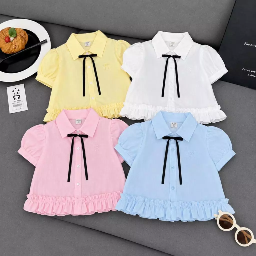 Áo sơ mi bé gái cộc tay tay phồng phối bèo gấu thắt nơ cổ tiểu thư 4 màu xinh xắn đi học H2T Baby Kids - T31