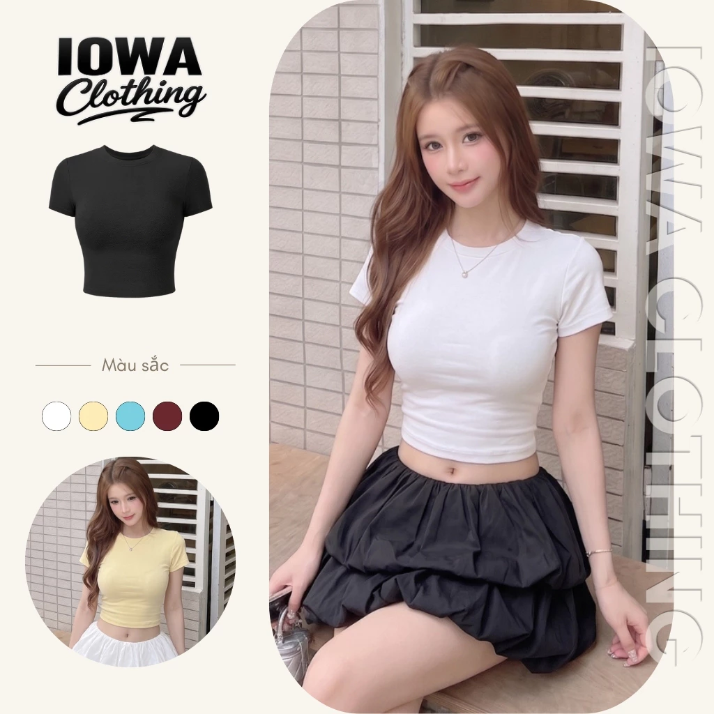 Áo Croptop Nữ Tay Ngắn Cổ Tròn Trơn Ôm Body IOWA CR66 - Thun Gân Co Giãn, Basic Tôn Dáng