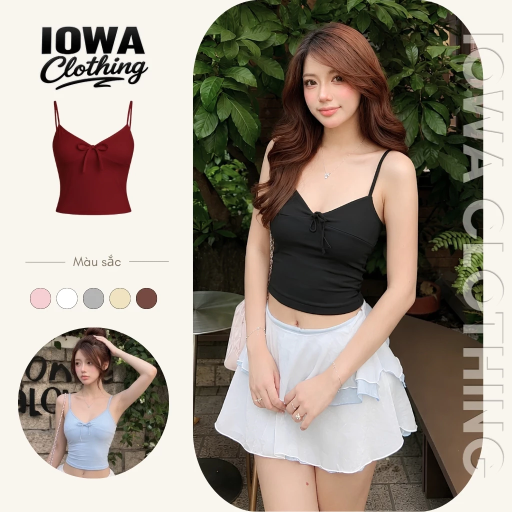 [XẢ HÀNG] Áo Hai Dây Nữ Phối Thắt Nơ Nhún Ngực Ôm Body IOWA BM06 - Thun Borip Lụa Co Giãn, Mềm Mịn