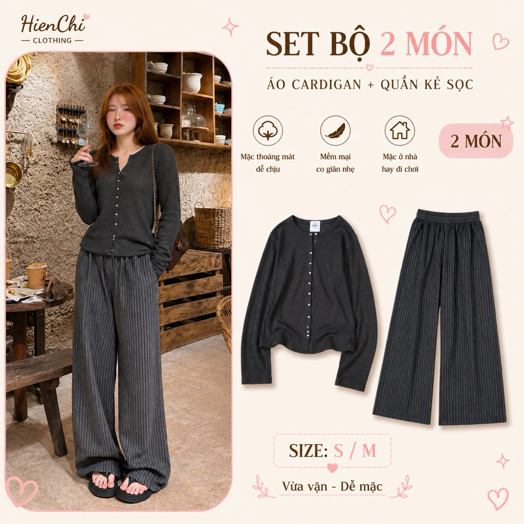 Set Đồ Nữ Cardigan Tay Dài Kèm Quần Ống Rộng Kẻ Sọc 2 Món Form Dễ Mặc Phong Cách Hàn Quốc
