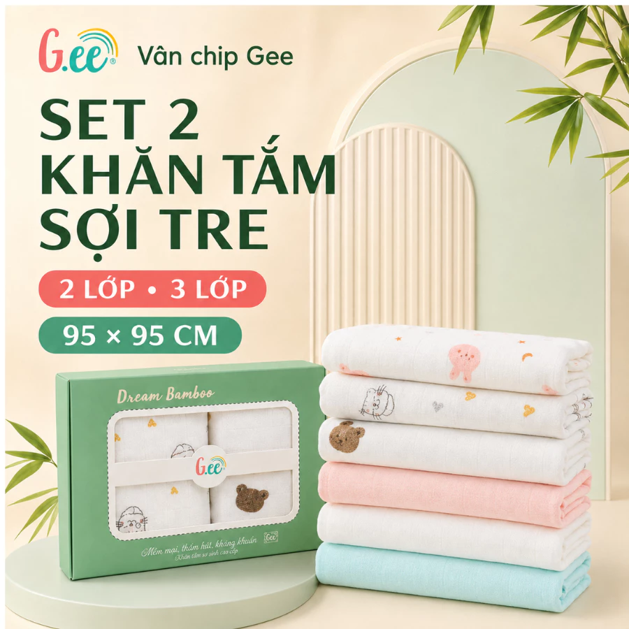 Set 2 Khăn tắm Gee 2 lớp, 3 lớp vải sợi tre mềm mịn, thấm hút tốt kích thước rộng rãi tiện dụng.