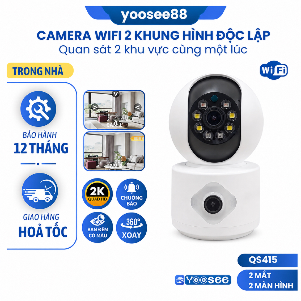 Camera YooSee WIFI dùng trong nhà 2 mắt xem 2 khung hình cùng lúc xoay 360°…