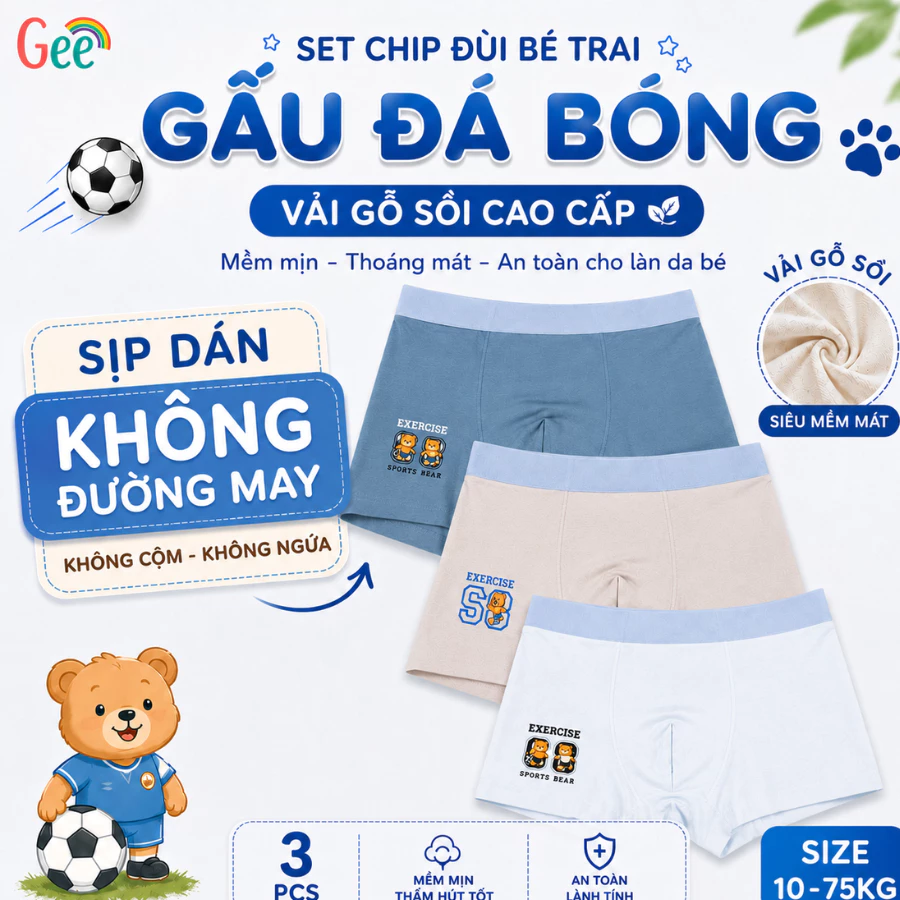 Set 3 sịp bé trai Gee dán đường may, vải sợi tre mềm mại thoáng mát phù hợp cho bé tập mặc.