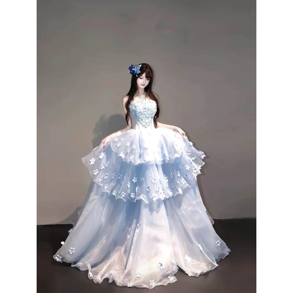 Đầm Dạ Hội Công Chúa Xanh Băng Hoa 3D Tùng Xòe Tầng Dài Thướt Tha Dự Tiệc
