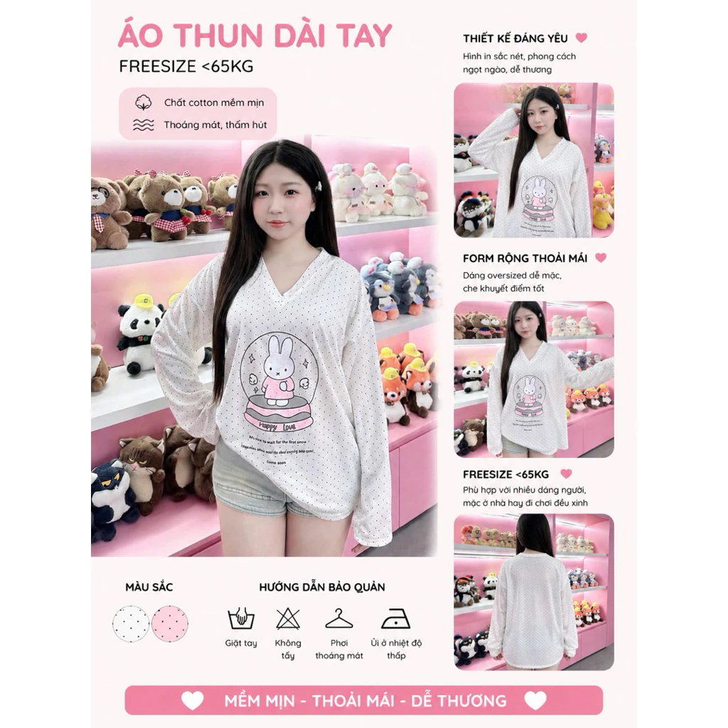 Áo Thun Nữ Tay Dài Chấm Bi In Hình Thỏ Dễ Thương Áo Phông Nữ Form Rộng Ulzzang Hàn Quốc
