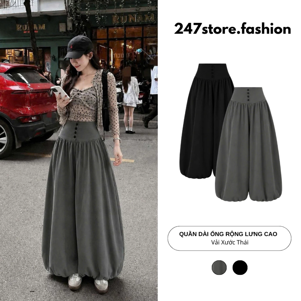 Quần Dài Nữ Ống Rộng Lưng Cao Vải Xước Thái Bo Chun Gấu Dáng Rộng Thời Trang Q1677 - 247Store