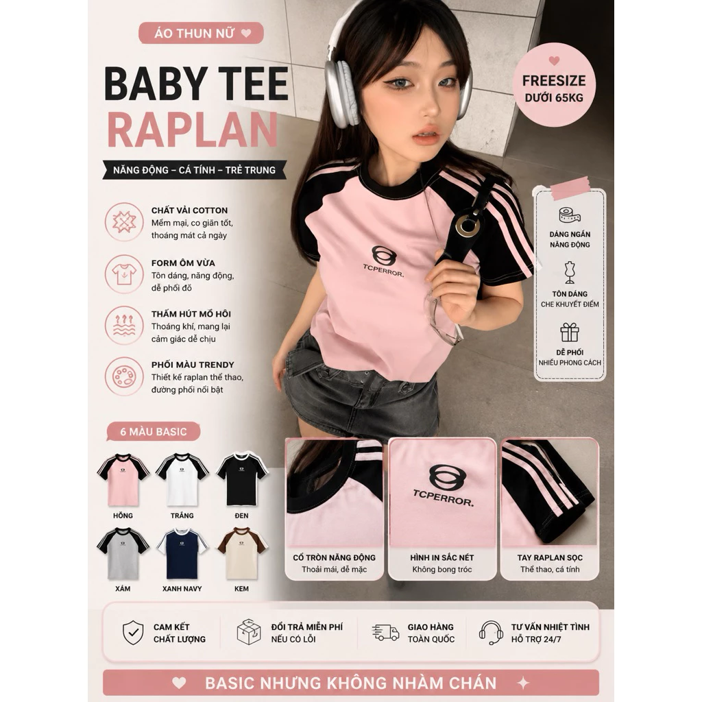 ÁO THUN BABY TEE RAGLAN ÁO HỒNG TAY ĐEN THỂ THAO DỄ PHỐI ĐỒ