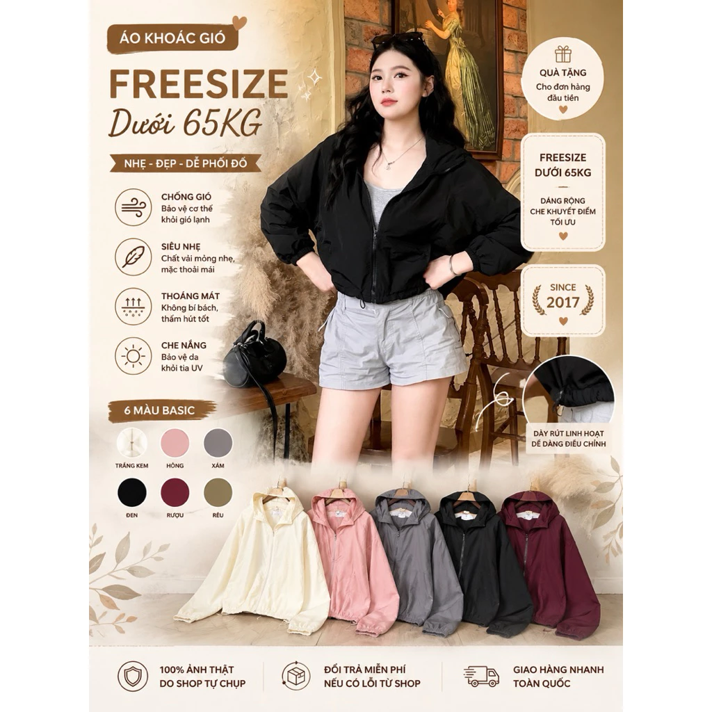 Áo Khoác Gió Nữ Freesize Dưới 65kg – Áo Khoác Dù Siêu Nhẹ Chống Gió, 6 Màu Basic