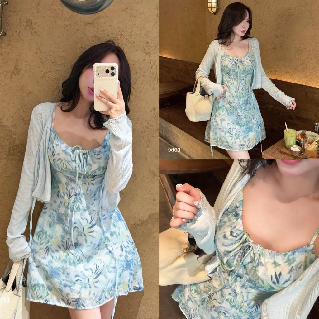 Đầm 2 Dây Hoa Xanh Kèm Khoác Cardigan Mỏng Hàng Chuẩn Hình (Có Sẵn Ship Hoả Tốc) Váy 2 Dây Xinh Mùa Hè