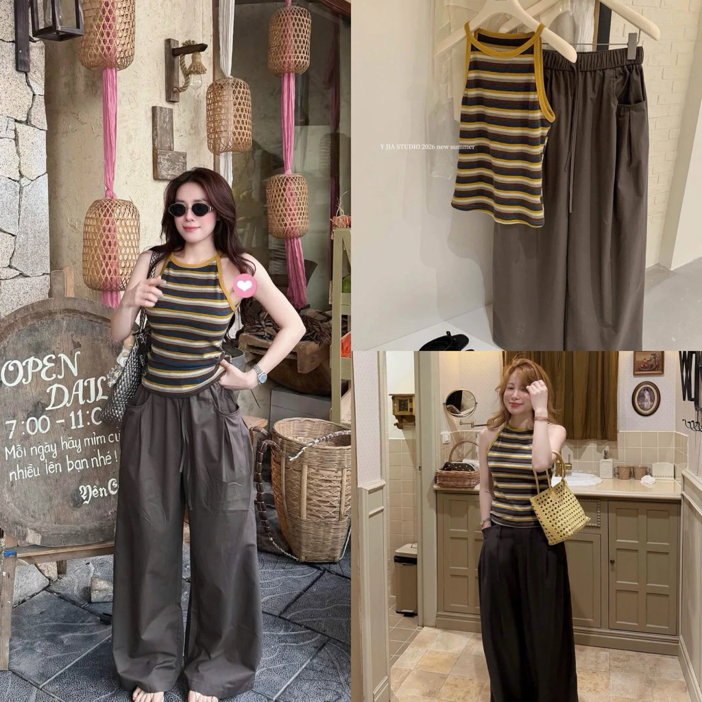 Set YJIA 6883 Áo Ba Lỗ Sọc Kẻ Phối Quần Ống Rộng Tone Nâu Form Tôn Dáng