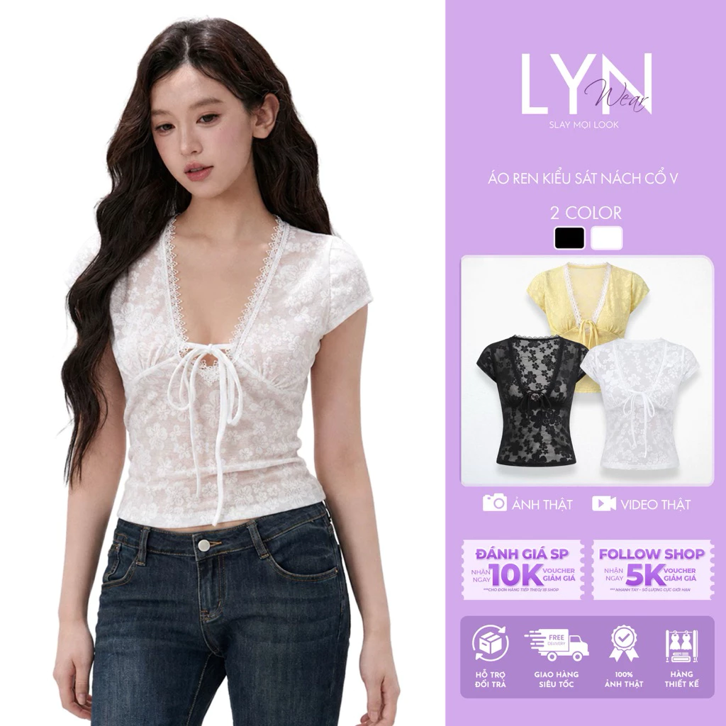 | LYN Wear | (HOẢ TỐC) Áo Ren Kiểu sát Nách Cổ V 2 Màu Đen Trắng Thiết Kế Sang Trọng Phong Cách Thời Trang
