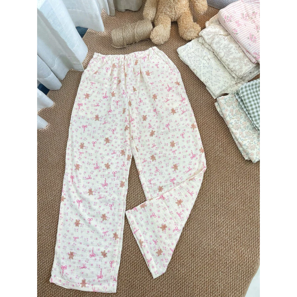 quần dài mặc nhà ( có túi)  xô muslin hoạ tiết dễ thương ( cập nhật mẫu mới thường xuyên) mềm,mịn, thấm hút tốt.