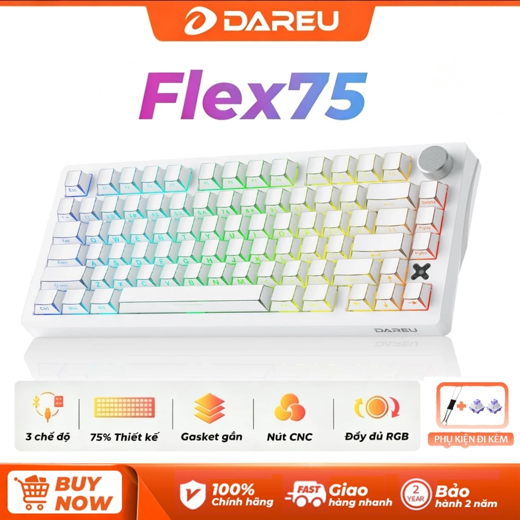 Bàn Phím Cơ 3 Mode 75% DAREU FLEX75 Không Dây Nối Bluetooth USB 2.4G Có Núm Vặn Đa Năng có hotswap