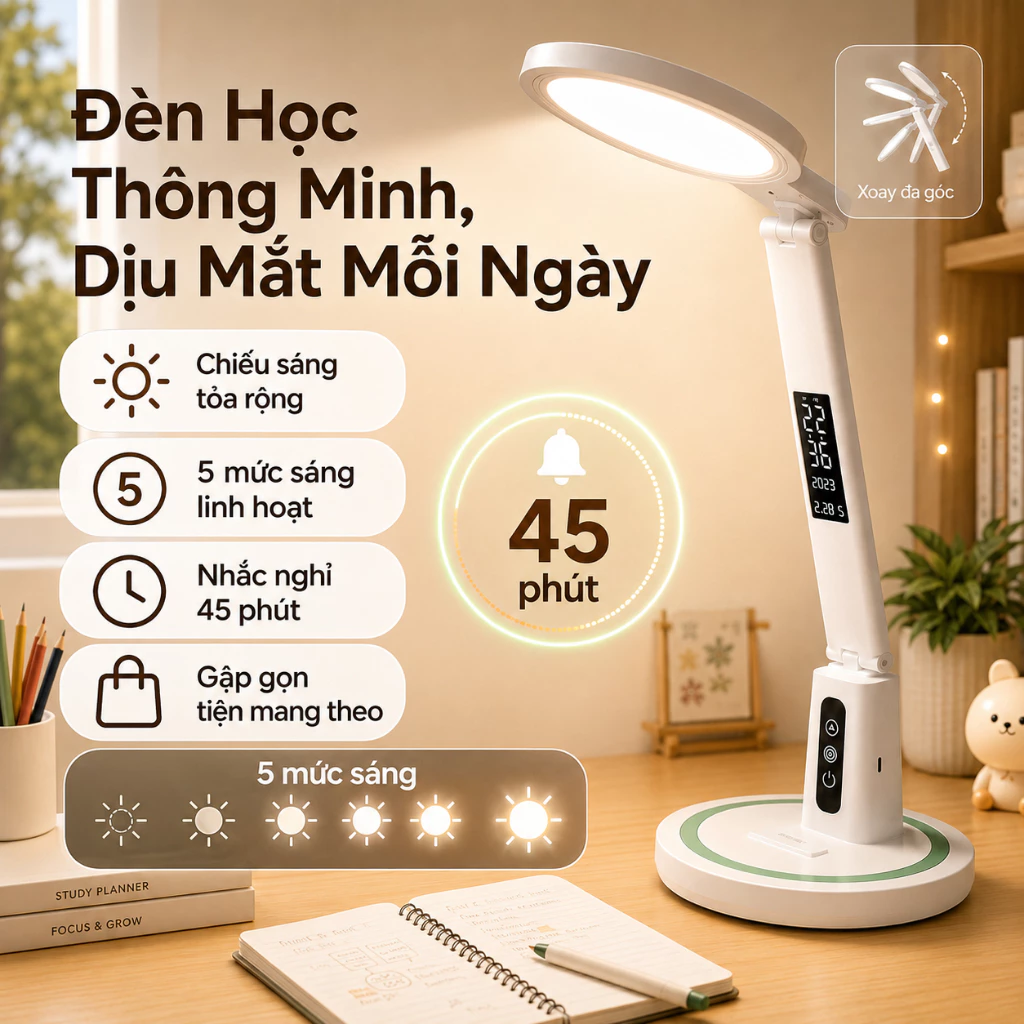Đèn Bàn LED Chống Cận Thông Minh, Đèn Học Bảo Vệ Mắt, 5 Mức Sáng, Ánh Sáng Tỏa Rộng, Nhắc Nghỉ 45 Phút