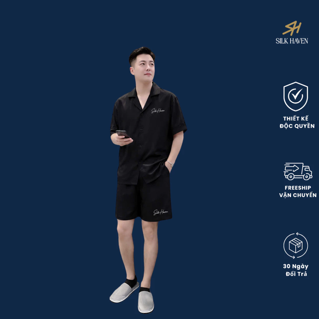 Sét lụa Tô châu cao cấp -Silk haven Sn12- Bộ lụa Nam Lụa cao cấp -mền mịn,thoáng mát - Chi tiết thêu bền đẹp