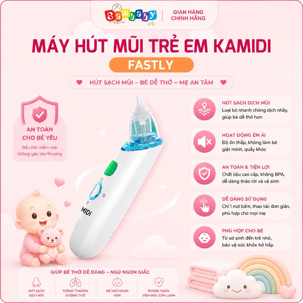 Máy Hút Mũi Trẻ Em Kamidi Fastly – 3 Chế Độ, Lực Hút 50–60KPA, Màn LED, Sạc USB An Toàn SamBabykids