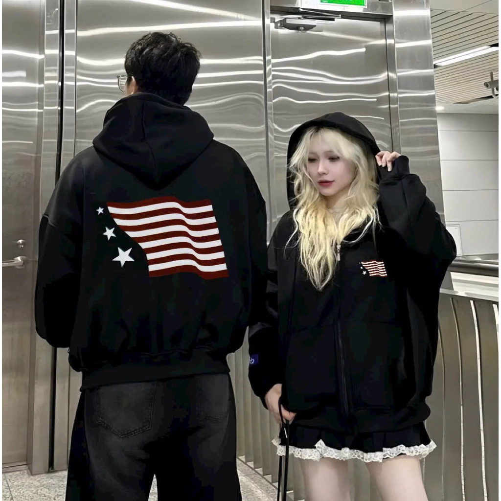 Áo hoodie Zip nữ có mũ , HOẠ TIẾT IN HÌNH LÁ CỜ MỸ 4 NGÔI SAO . MẪU MỚI - Harley Store