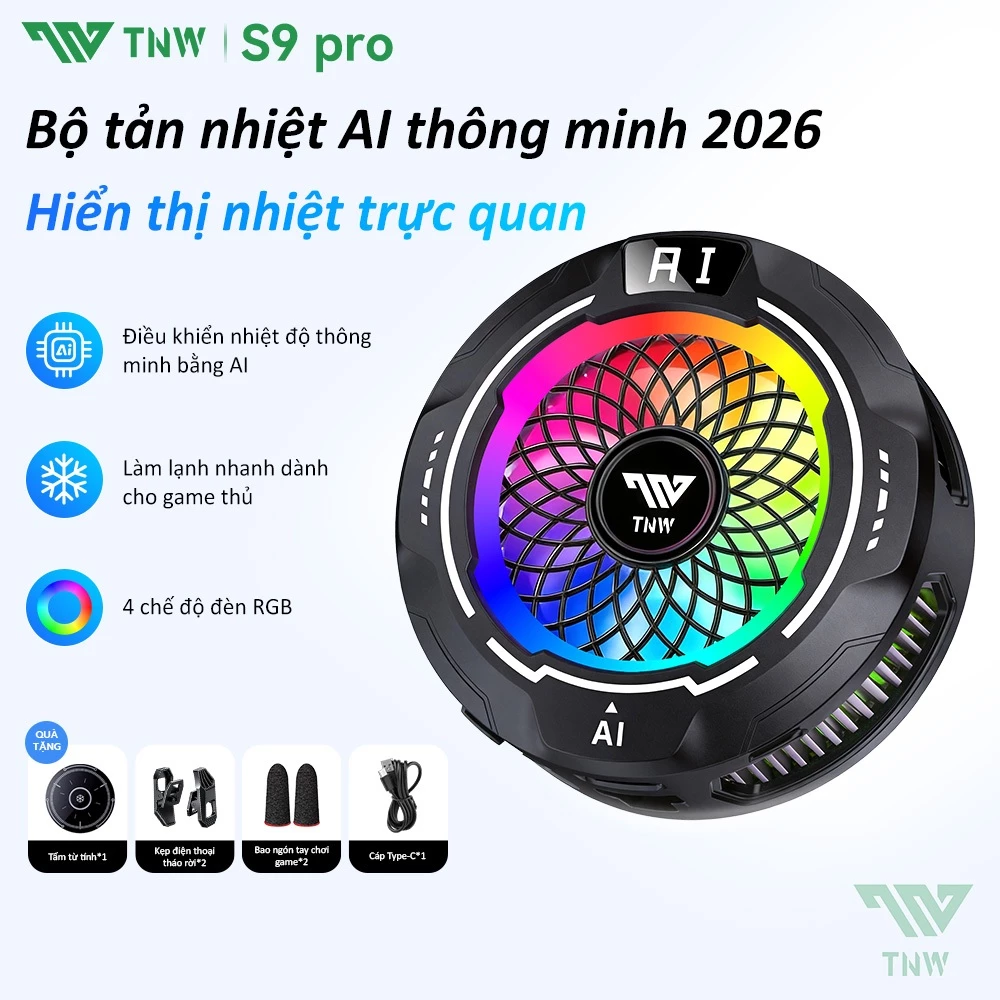 TNW S9 Pro Quạt Tản Nhiệt Điện Thoại, Hút Nam Châm, AI Làm Mát Sâu, Chế Độ Nam Châm/Kẹp, RGB