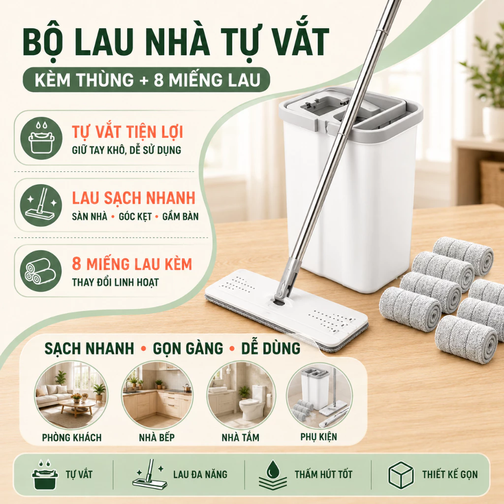 Bộ Cây lau Nhà ( 1 Thùng +2 Cây Lau +8 Bông Lau) Tự Vắt Thông Minh Đầu Xoay 360 Độ Tiện Lợi Lau Sàn Sạch Cán Inox