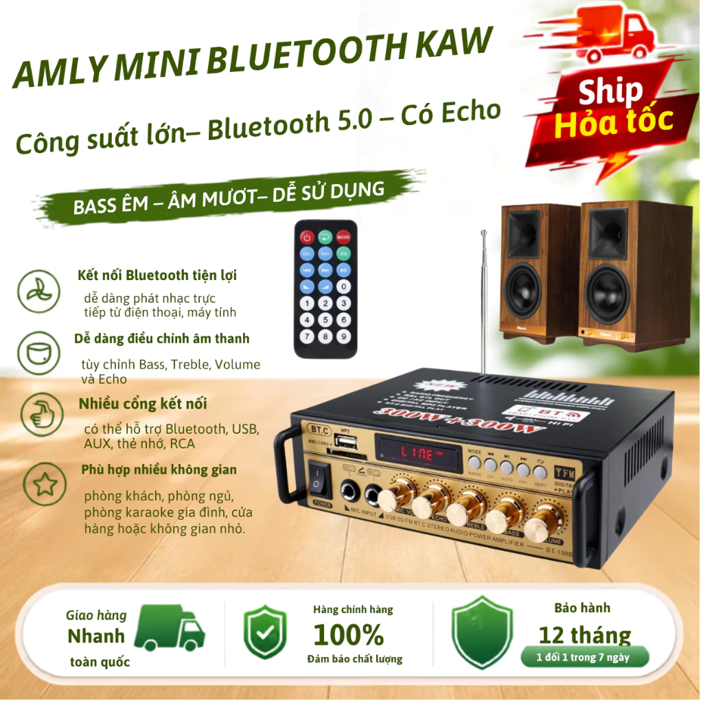Amly mini BT198B KAW bluetooth karaoke công suất lớn dễ dàng kết nối đa dạng thiết bị