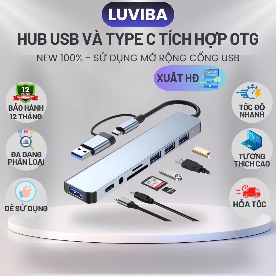 Hub USB và Hub Type C tốc độ cao mở rộng cổng USB OTG, Hub USB cho pc, laptop, điện thoại LUVIBA S8