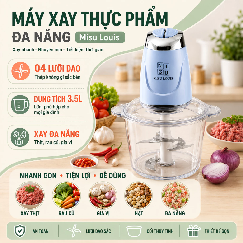 Máy Xay Thực Phẩm Đa Năng Cối Thuỷ Tinh, Xay Thịt Misu Louis Công Suất Lớn 500w, Dung Tích 3.5L