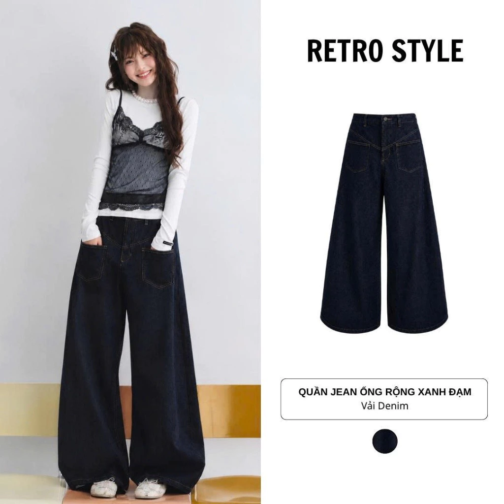 Quần jean ống rộng JEANS MỀM xanh đậm viền chỉ nổi Q097 Retrostyle