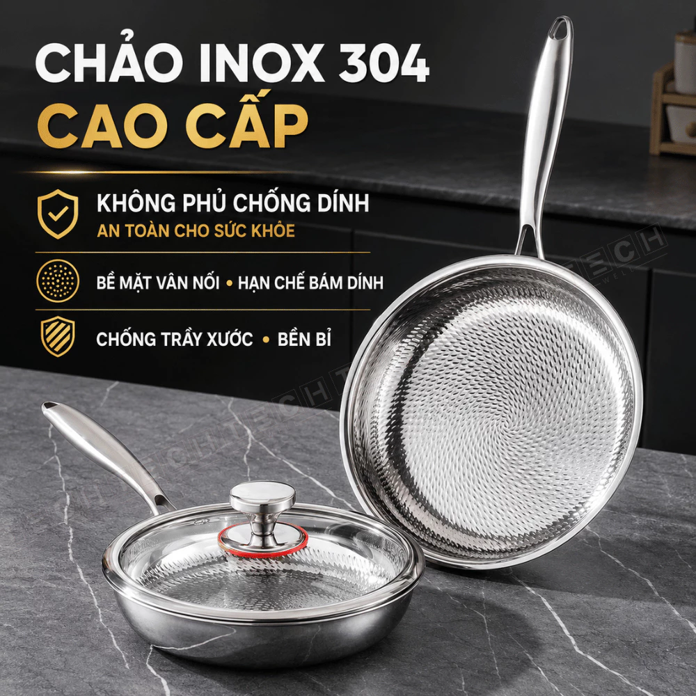 Chảo Inox 304 Vân Vảy Cá Chống Dính Cao Cấp, Chảo Inox Phù Hợp Với Mọi Loại Bếp
