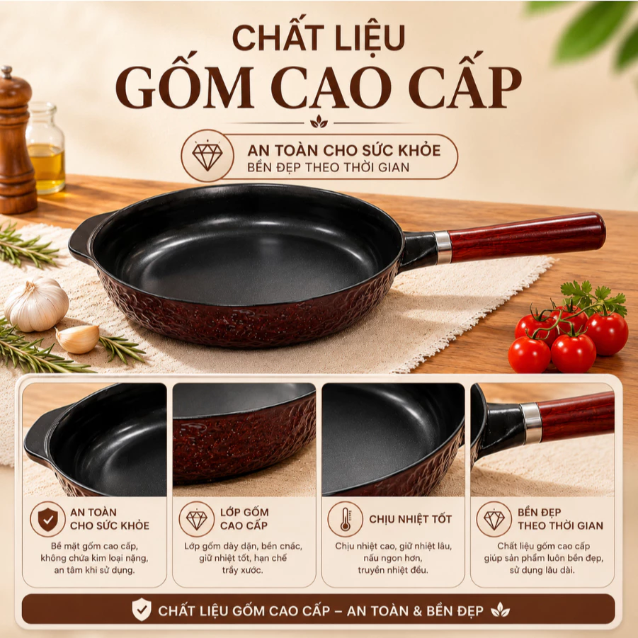 Chảo Gốm Morico MCP836 Hệ Tử Sa Cao Cấp, Chiên Xào Áp Chảo Đa Năng, Giữ Nhiệt Tốt, Dễ Vệ Sinh