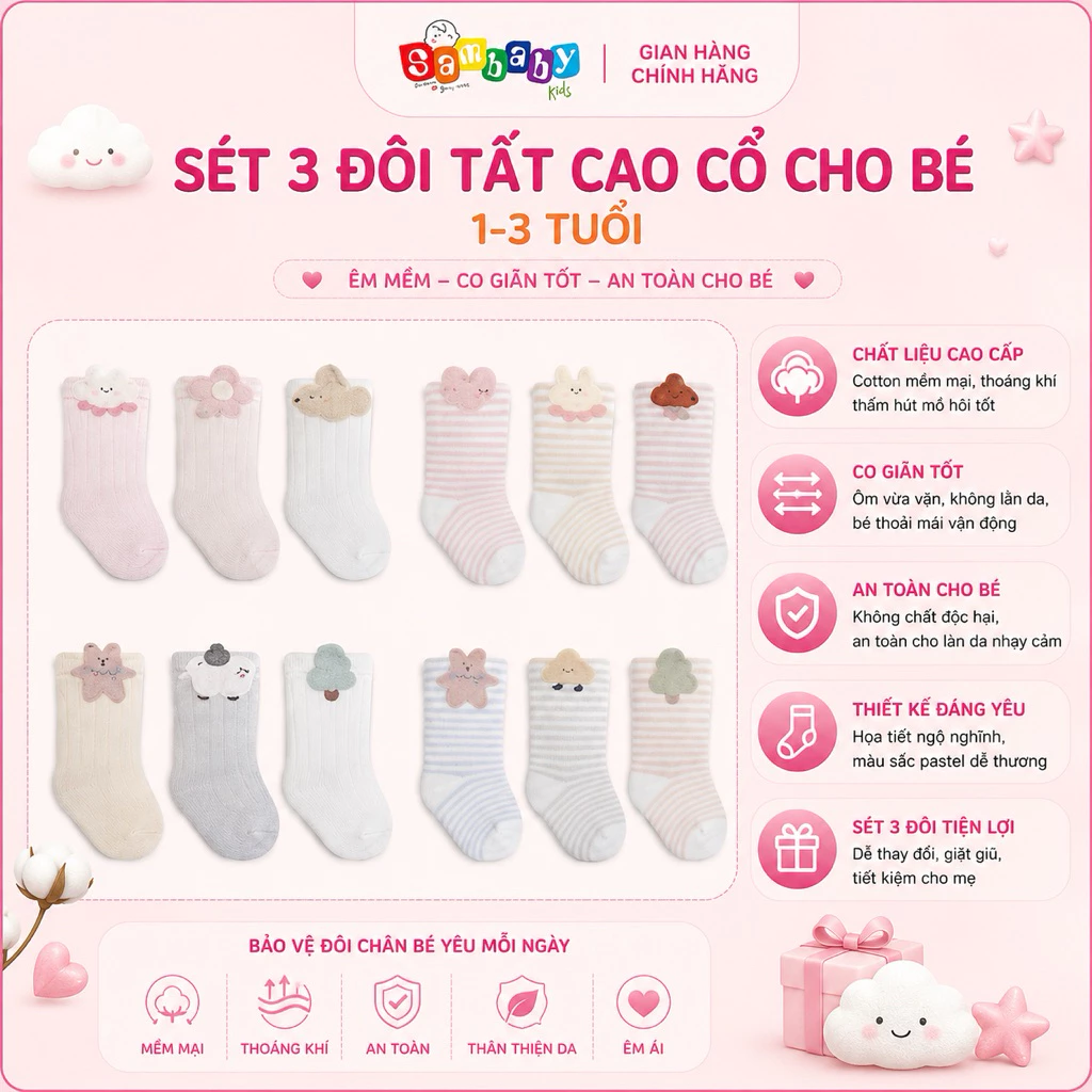 Sét 3 Đôi Tất Hàn Quốc Dày Cho Bé