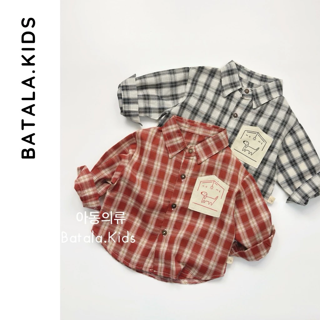 Áo sơ mi dài tay cho bé trai bé gái Batala Kids,  ÁO SƠ MI KẺ DÀI TAY PHỐI TÚI IN KẺ CARO TO ĐỎ ĐEN cho bé 10-24kg SMK07