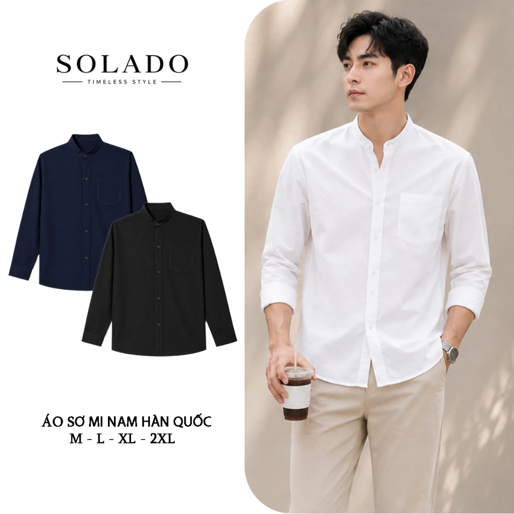 Áo Sơ Mi Nam SOLADO  Cổ Tàu Vải Đũi Dài Tay Form Suông Dáng Hàn Quốc Vải Mềm Mát 4 Màu Đen Trắng Xanh Rêu SM-DUI-COTAU