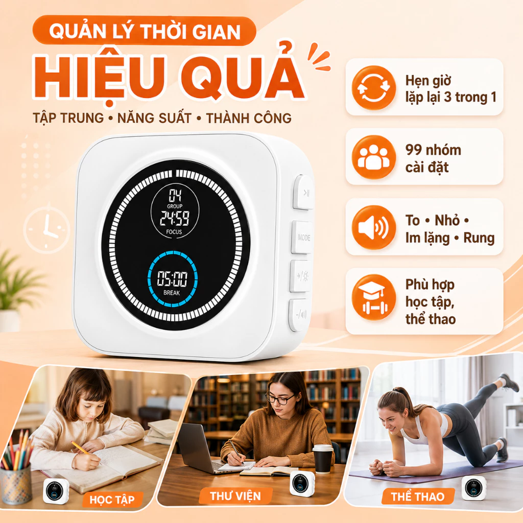 Đồng Hồ Hẹn Giờ Xoay, Đếm Xuôi Đếm Ngược, 99 Nhóm Lặp, Chạy Êm 0dB, Âm Báo Và Rung Tùy Chọn