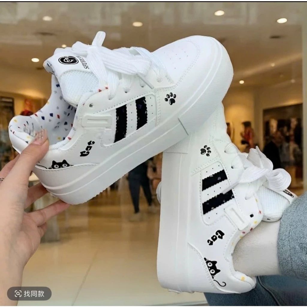 Giày Sneaker Nữ Đế Cao Phối Dây Nơ Xinh Xắn Họa Tiết Mèo Cute Phong Cách Hàn Quốc - Lù Store - M9-1