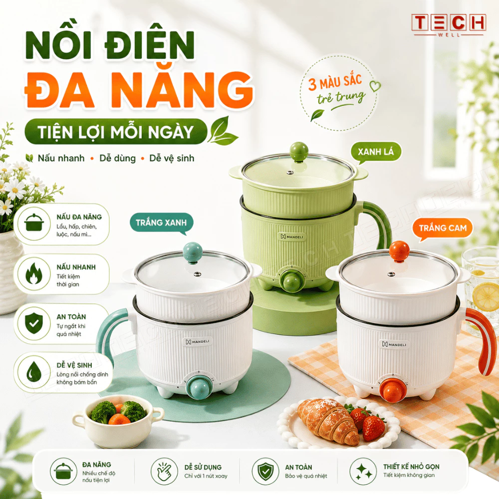 Nồi Lẩu Điện Mini, Nấu Mì 2 Tầng Kèm Giá Hấp Đa Năng Nướng, Luộc, Chiên Chống Dính Vấn Đá Tiện Lợi