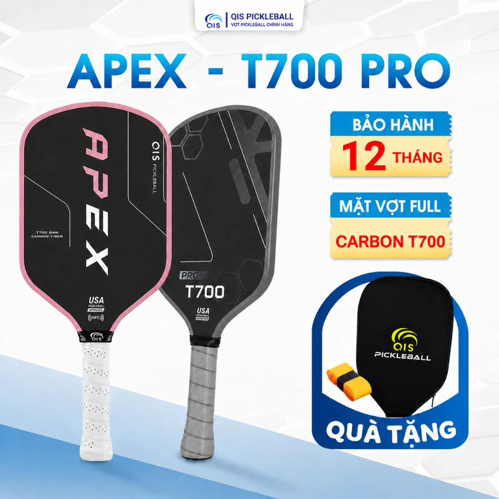 Vợt Pickleball Chính Hãng QIS - Mặt Vợt Carbon T700 Siêu Nhám, Trợ Lực Tốt Cho Người Mới Chơi, Bảo Hành 12 Tháng